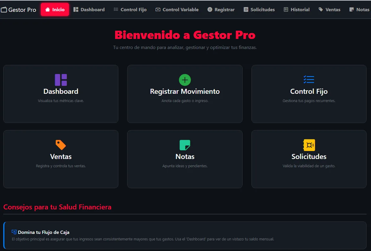 Gestor financiero con dashboard, movimientos y ventas